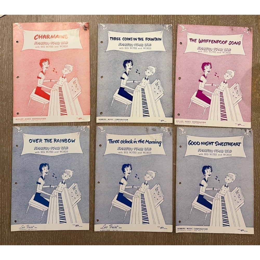 Vintage Simplified Piano Solo EASY Sheet Music Lot 6 Big Notes & Words 1950s